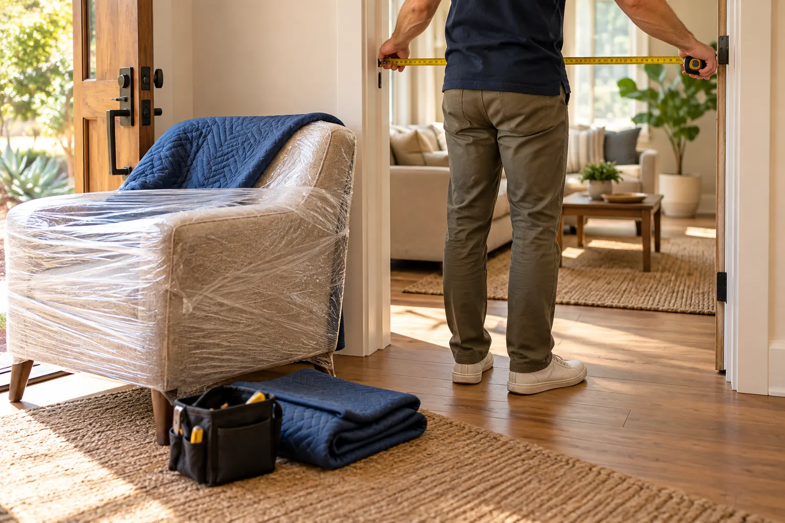 A doorway being measured beside a wrapped armchair